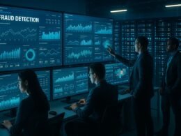 Hochentwickeltes Kontrollzentrum mit Datenanalysten, großen Bildschirmen und Serverräumen zur Betrugsbekämpfung im digitalen Advertising