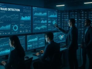 Hochentwickeltes Kontrollzentrum mit Datenanalysten, großen Bildschirmen und Serverräumen zur Betrugsbekämpfung im digitalen Advertising