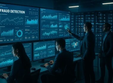 Hochentwickeltes Kontrollzentrum mit Datenanalysten, großen Bildschirmen und Serverräumen zur Betrugsbekämpfung im digitalen Advertising