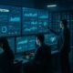 Hochentwickeltes Kontrollzentrum mit Datenanalysten, großen Bildschirmen und Serverräumen zur Betrugsbekämpfung im digitalen Advertising