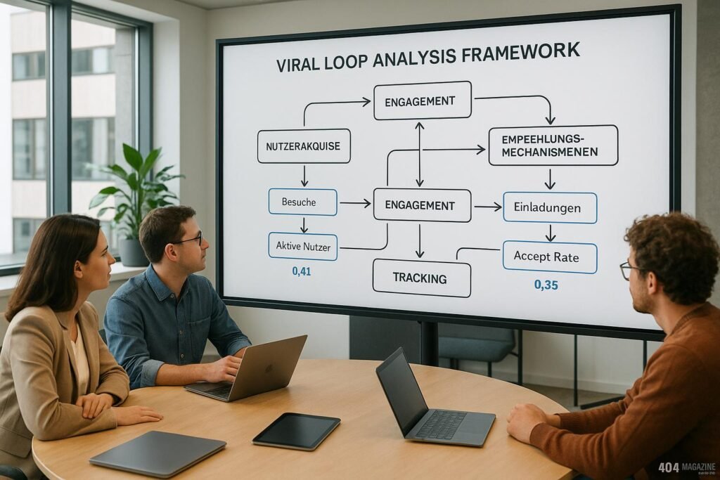 Modernes Büro mit digitalem Whiteboard, auf dem ein Viral Loop Analyse Framework gezeichnet ist, mit Team im Hintergrund