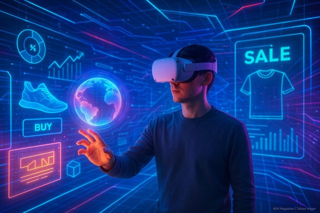 Futuristischer virtueller Raum mit schwebenden Hologrammen, AR-Elementen und einer Person im VR-Headset, die eine leuchtende Augmented-Reality-Welt berührt.