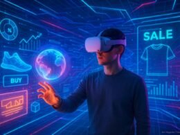 Futuristischer virtueller Raum mit schwebenden Hologrammen, AR-Elementen und einer Person im VR-Headset, die eine leuchtende Augmented-Reality-Welt berührt.
