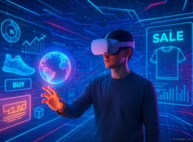 Futuristischer virtueller Raum mit schwebenden Hologrammen, AR-Elementen und einer Person im VR-Headset, die eine leuchtende Augmented-Reality-Welt berührt.
