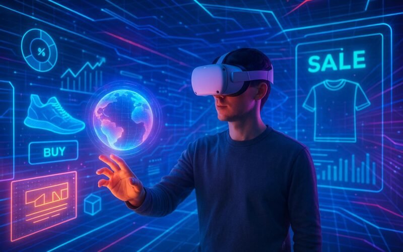 Futuristischer virtueller Raum mit schwebenden Hologrammen, AR-Elementen und einer Person im VR-Headset, die eine leuchtende Augmented-Reality-Welt berührt.