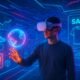 Futuristischer virtueller Raum mit schwebenden Hologrammen, AR-Elementen und einer Person im VR-Headset, die eine leuchtende Augmented-Reality-Welt berührt.