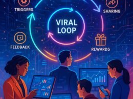 Dynamische Illustration eines Wachstumsökosystems mit viralem Loop, digitalen Netzwerken und Fachleuten bei Datenanalyse, hervorhebend technologische Innovation und strategisches Wachstum.