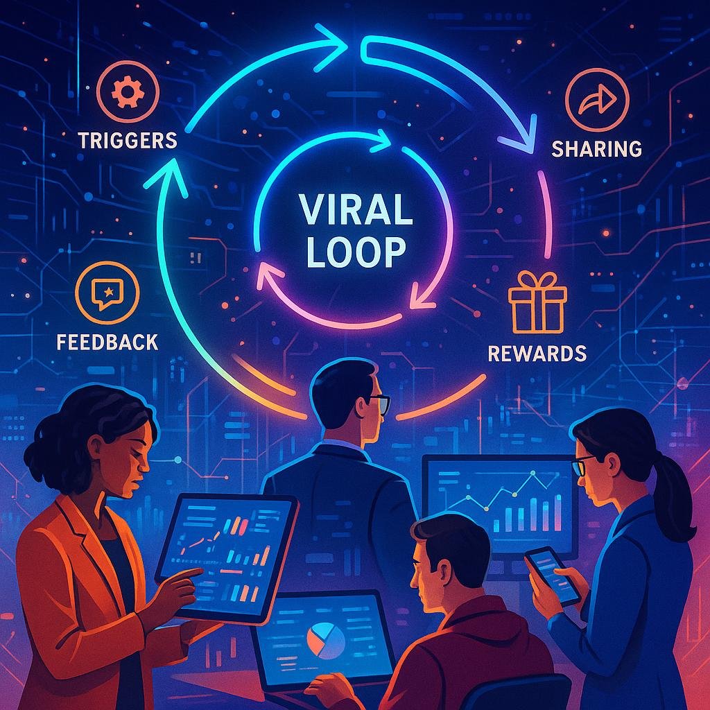 Dynamische Illustration eines Wachstumsökosystems mit viralem Loop, digitalen Netzwerken und Fachleuten bei Datenanalyse, hervorhebend technologische Innovation und strategisches Wachstum.