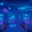 Futuristische virtuelle Umgebung mit holographischen Produkt-Displays und digitalen Datenströmen, im Hintergrund eine Metaverse-Landschaft mit komplexen 3D-Grafiken.