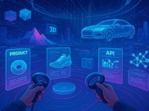 Futuristische virtuelle Umgebung mit holographischen Produkt-Displays und digitalen Datenströmen, im Hintergrund eine Metaverse-Landschaft mit komplexen 3D-Grafiken.