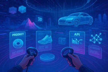 Futuristische virtuelle Umgebung mit holographischen Produkt-Displays und digitalen Datenströmen, im Hintergrund eine Metaverse-Landschaft mit komplexen 3D-Grafiken.