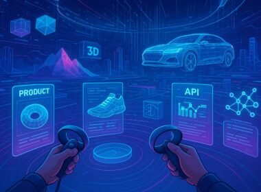 Futuristische virtuelle Umgebung mit holographischen Produkt-Displays und digitalen Datenströmen, im Hintergrund eine Metaverse-Landschaft mit komplexen 3D-Grafiken.