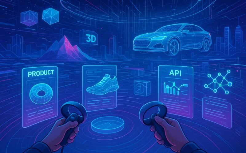 Futuristische virtuelle Umgebung mit holographischen Produkt-Displays und digitalen Datenströmen, im Hintergrund eine Metaverse-Landschaft mit komplexen 3D-Grafiken.