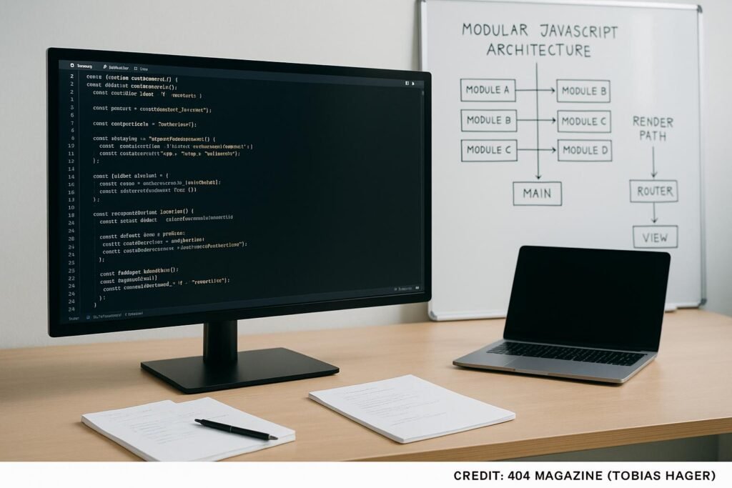 Modernes minimalistisches Büro mit großem Computerbildschirm, Notizblättern, Laptop und Whiteboard mit JavaScript-Architekturskizzen