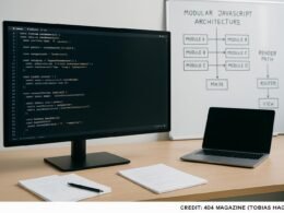 Modernes minimalistisches Büro mit großem Computerbildschirm, Notizblättern, Laptop und Whiteboard mit JavaScript-Architekturskizzen