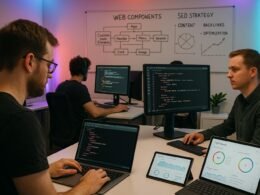 Modernes Webentwicklungsstudio mit Entwicklern, Codezeilen, Diagrammen und Whiteboard, das Web Components und SEO-Strategien zeigt