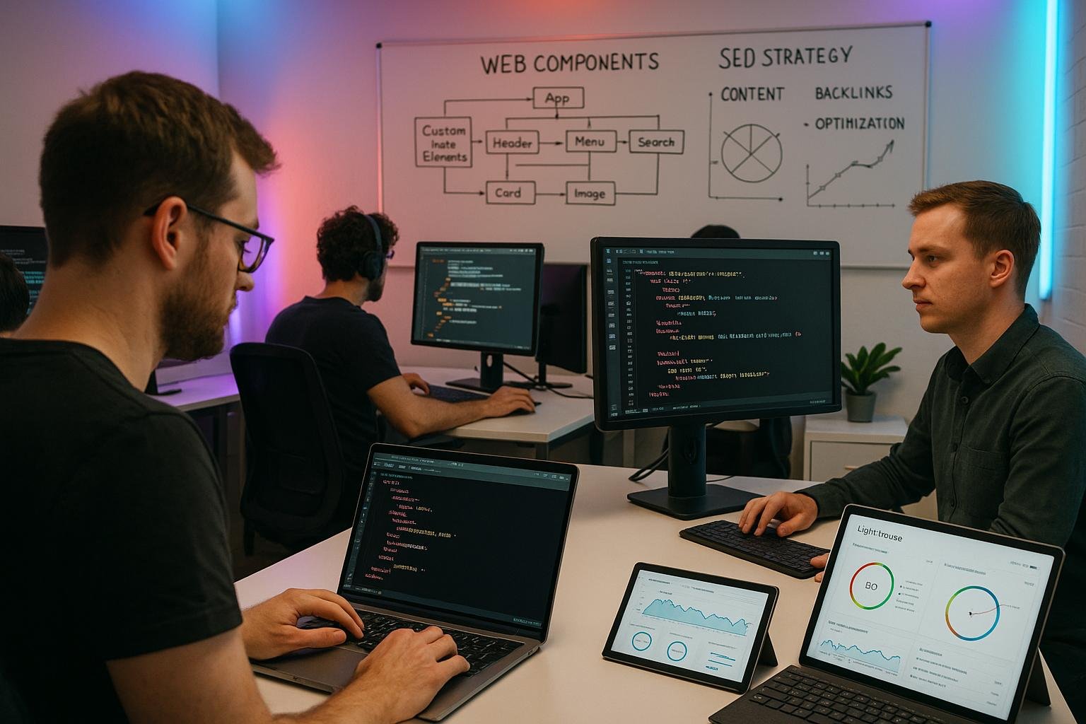 Modernes Webentwicklungsstudio mit Entwicklern, Codezeilen, Diagrammen und Whiteboard, das Web Components und SEO-Strategien zeigt