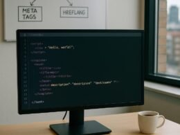 Arbeitsplatz eines Entwicklers mit Monitor, Notizbuch, Kaffeetasse und Whiteboard mit Website-Architekturdiagrammen, sichtbar durch ein Fenster mit Stadtansicht