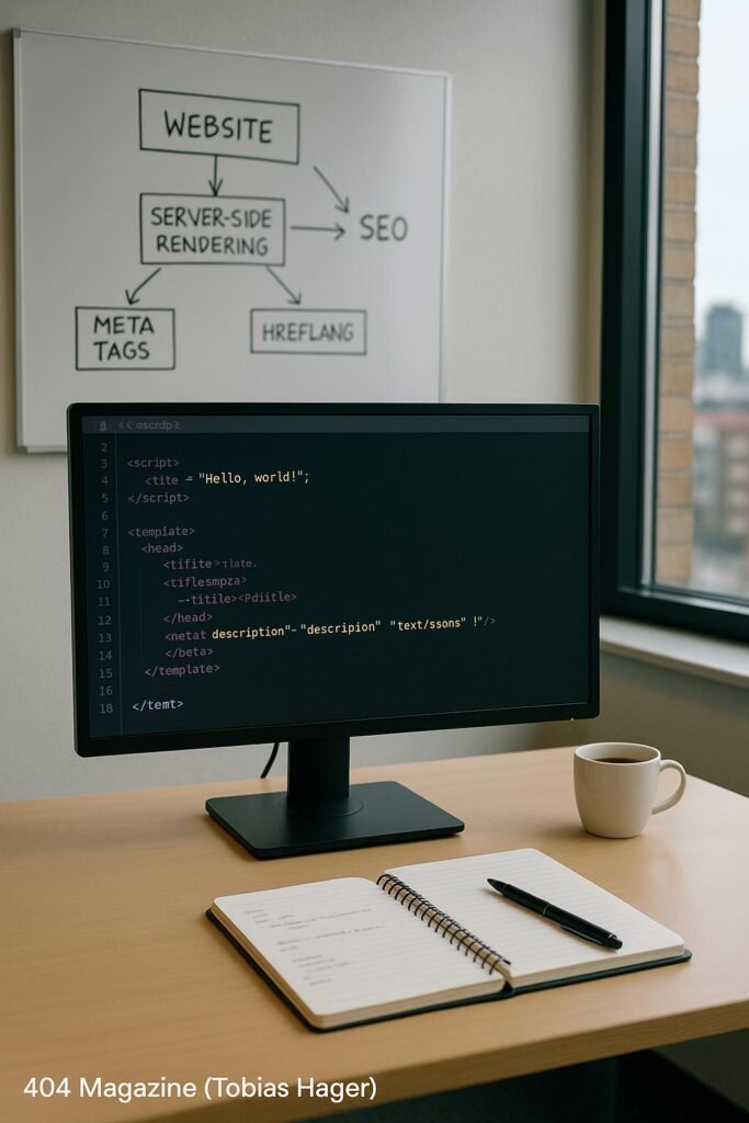 Arbeitsplatz eines Entwicklers mit Monitor, Notizbuch, Kaffeetasse und Whiteboard mit Website-Architekturdiagrammen, sichtbar durch ein Fenster mit Stadtansicht