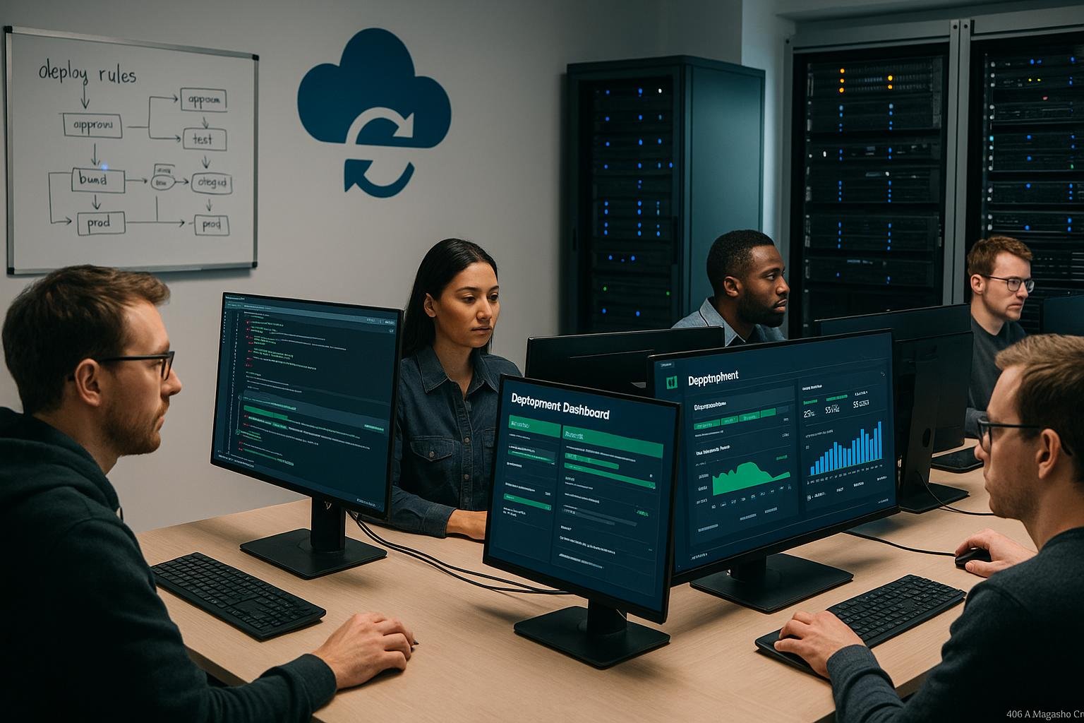 Entwicklerteam arbeitet in einem modernen Büro mit mehreren Monitoren, Server-Racks und Cloud-Symbolen, sichtbar sind Whiteboards mit Deployment-Strategien und Analysen.