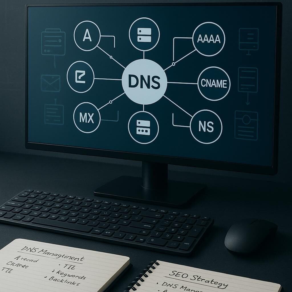 Moderner digitaler Arbeitsplatz mit hochauflösendem Monitor, der ein komplexes DNS-Diagramm mit verschiedenen DNS-Einträgen wie A, AAAA, CNAME, MX, TXT, NS und SOA zeigt, umgeben von Tastatur, Maus und Notizblock. Hintergrund mit Server- und Cloud-Infrastrukturen. Credit: 404 Magazine (Tobias Hager).