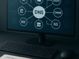 Moderner digitaler Arbeitsplatz mit hochauflösendem Monitor, der ein komplexes DNS-Diagramm mit verschiedenen DNS-Einträgen wie A, AAAA, CNAME, MX, TXT, NS und SOA zeigt, umgeben von Tastatur, Maus und Notizblock. Hintergrund mit Server- und Cloud-Infrastrukturen. Credit: 404 Magazine (Tobias Hager).