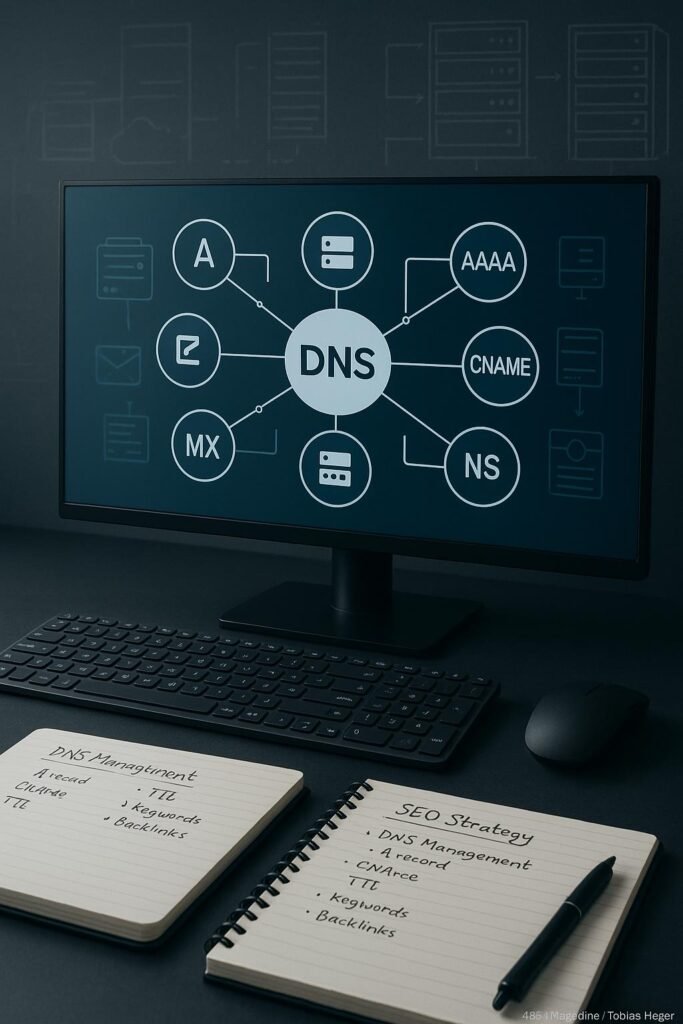 Moderner digitaler Arbeitsplatz mit hochauflösendem Monitor, der ein komplexes DNS-Diagramm mit verschiedenen DNS-Einträgen wie A, AAAA, CNAME, MX, TXT, NS und SOA zeigt, umgeben von Tastatur, Maus und Notizblock. Hintergrund mit Server- und Cloud-Infrastrukturen. Credit: 404 Magazine (Tobias Hager).