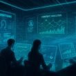 Futuristisches Kontrollzentrum für digitale Werbung mit großen Touchscreens, holographischen Nutzer-Profiles und Echtzeit-Datenströmen, gestaltet in modernem Design mit blauen und grünen Akzenten.