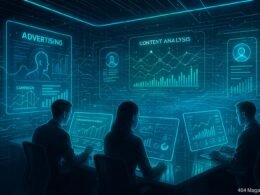 Futuristisches Kontrollzentrum für digitale Werbung mit großen Touchscreens, holographischen Nutzer-Profiles und Echtzeit-Datenströmen, gestaltet in modernem Design mit blauen und grünen Akzenten.