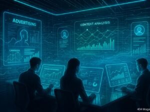Futuristisches Kontrollzentrum für digitale Werbung mit großen Touchscreens, holographischen Nutzer-Profiles und Echtzeit-Datenströmen, gestaltet in modernem Design mit blauen und grünen Akzenten.