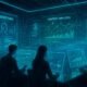 Futuristisches Kontrollzentrum für digitale Werbung mit großen Touchscreens, holographischen Nutzer-Profiles und Echtzeit-Datenströmen, gestaltet in modernem Design mit blauen und grünen Akzenten.