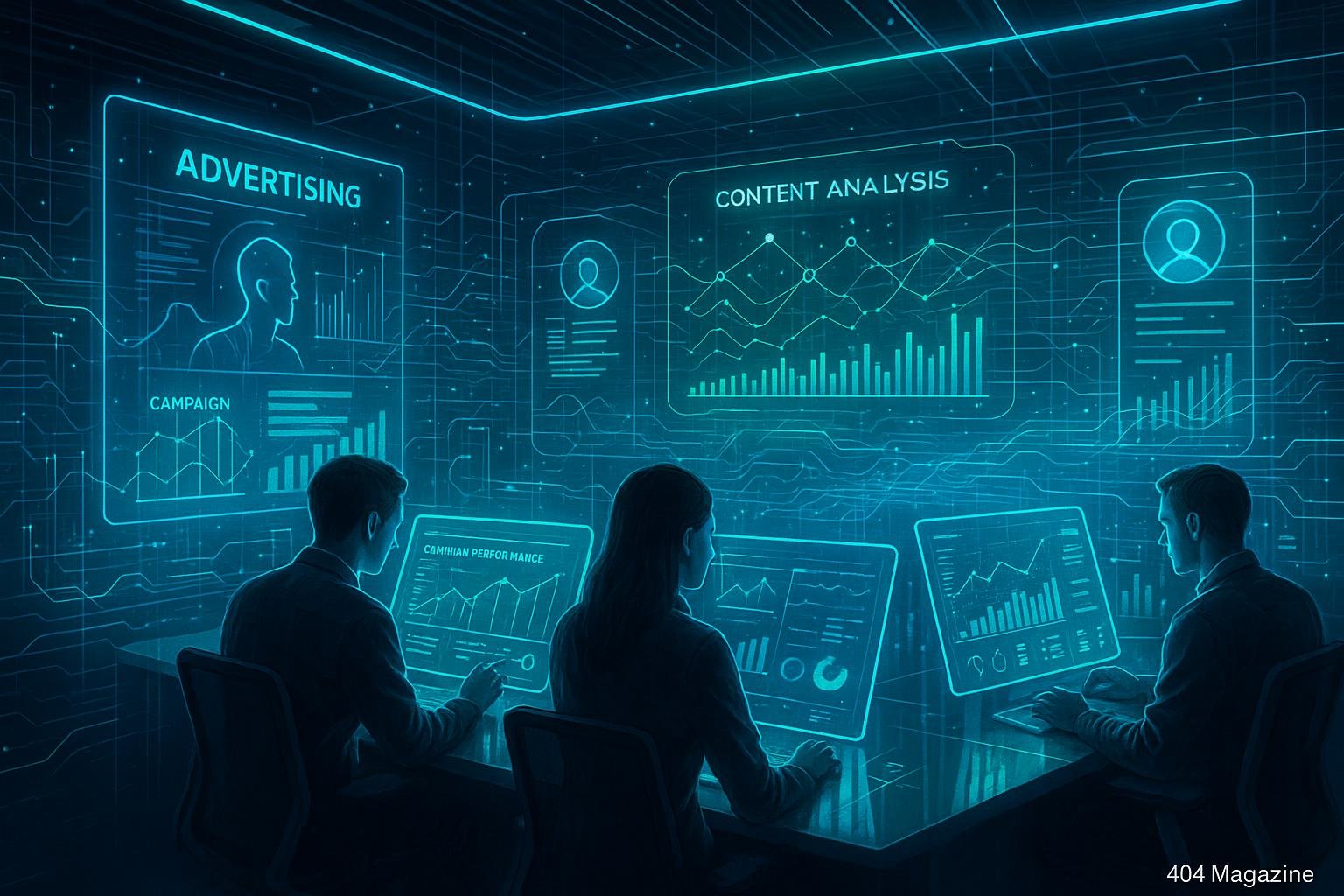 Futuristisches Kontrollzentrum für digitale Werbung mit großen Touchscreens, holographischen Nutzer-Profiles und Echtzeit-Datenströmen, gestaltet in modernem Design mit blauen und grünen Akzenten.
