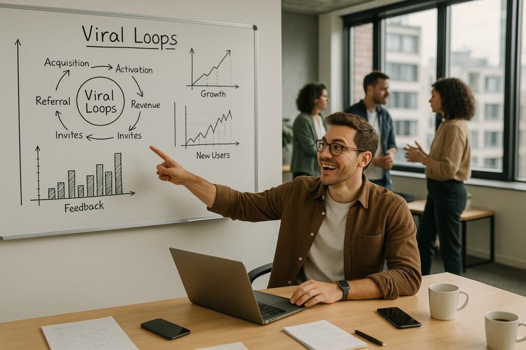 Modernes Büro mit Whiteboard und Team bei strategischer Arbeit, Marketer zeigt auf Diagramme zu Viral Loops, freundliche Arbeitsatmosphäre, großes Fenster mit Tageslicht