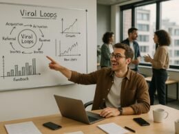 Modernes Büro mit Whiteboard und Team bei strategischer Arbeit, Marketer zeigt auf Diagramme zu Viral Loops, freundliche Arbeitsatmosphäre, großes Fenster mit Tageslicht