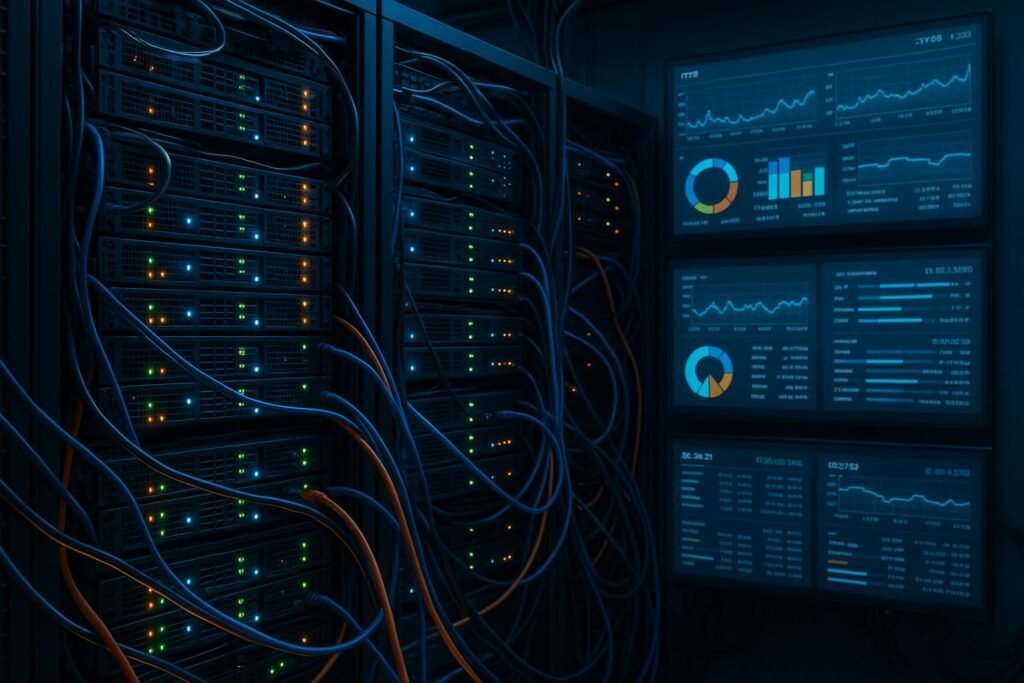 Hochdetaillierter Serverraum mit leuchtenden Server-Racks, Blink-LEDs, farblich kodierten Kabeln und Performance-Dashboards im Hintergrund
