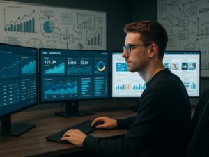 Professioneller Marketing-Experte im Digitalbüro mit mehreren Monitoren, Datenvisualisierungen und Strategiewänden