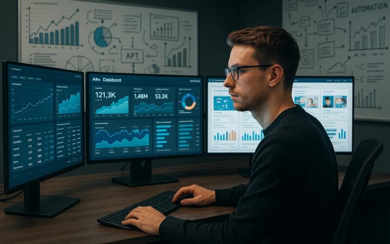 Professioneller Marketing-Experte im Digitalbüro mit mehreren Monitoren, Datenvisualisierungen und Strategiewänden