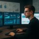 Professioneller Marketing-Experte im Digitalbüro mit mehreren Monitoren, Datenvisualisierungen und Strategiewänden