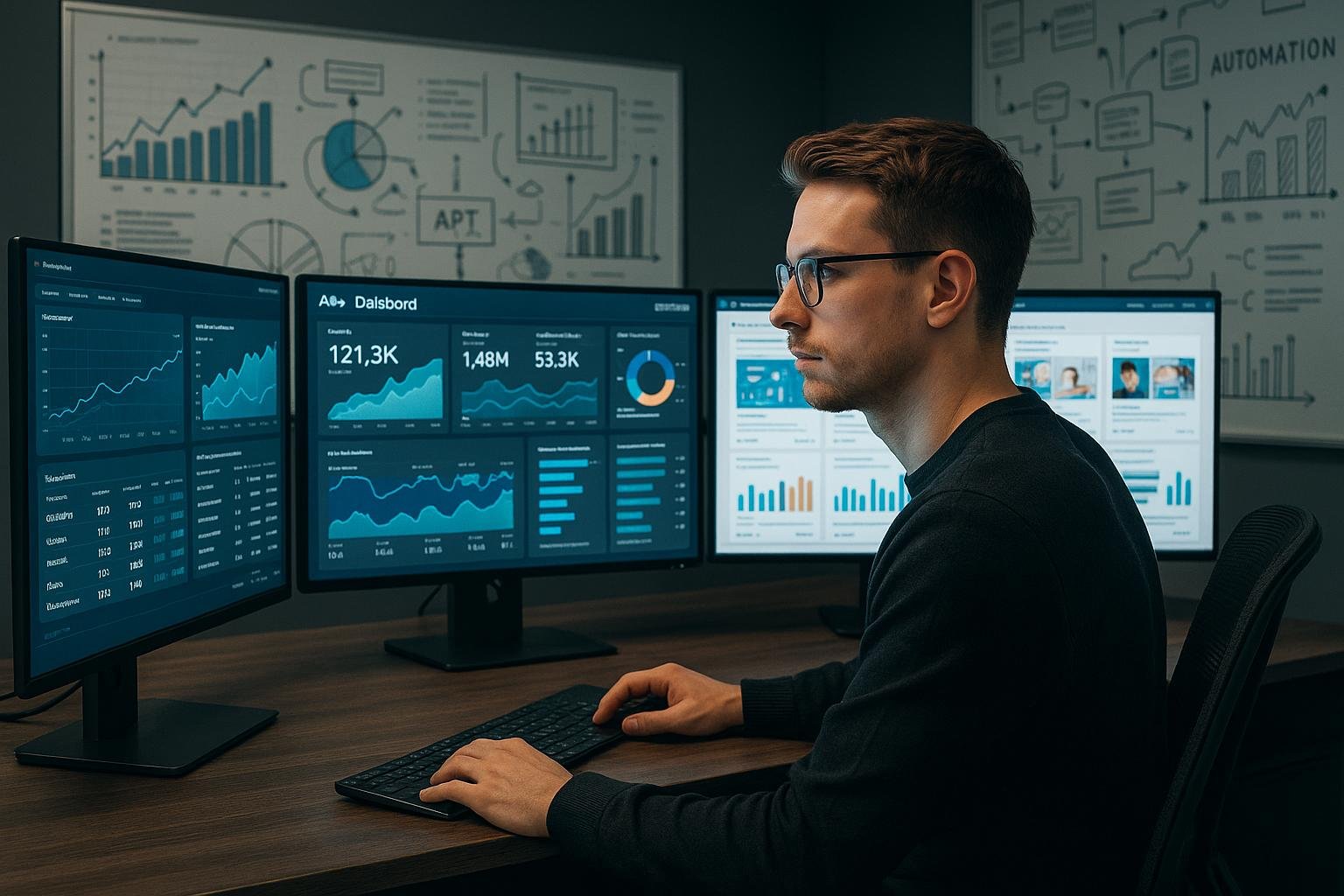 Professioneller Marketing-Experte im Digitalbüro mit mehreren Monitoren, Datenvisualisierungen und Strategiewänden