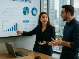 Zwei Fachleute diskutieren lebhaft vor einem digitalen Whiteboard mit Diagrammen und Datenvisualisierungen in einem modernen Büro mit Stadtblick.