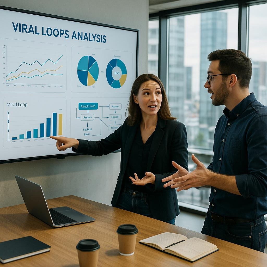 Zwei Fachleute diskutieren lebhaft vor einem digitalen Whiteboard mit Diagrammen und Datenvisualisierungen in einem modernen Büro mit Stadtblick.