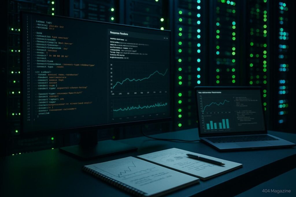 Moderner Arbeitsplatz in einem Serverraum mit großem Bildschirm, Server-Racks und einem Notebook mit Web-Performance-Diagrammen, Credit: 404 Magazine (Tobias Hager)