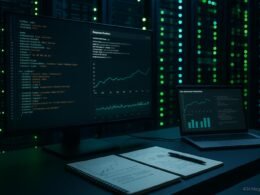 Moderner Arbeitsplatz in einem Serverraum mit großem Bildschirm, Server-Racks und einem Notebook mit Web-Performance-Diagrammen, Credit: 404 Magazine (Tobias Hager)