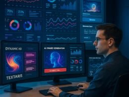 Ein Technologie-begeisterter Marketer in einem modernen Büro mit mehreren Monitoren, die kreative Inhalte, Performance-Dashboards und KI-Modelle präsentieren.