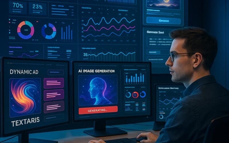 Ein Technologie-begeisterter Marketer in einem modernen Büro mit mehreren Monitoren, die kreative Inhalte, Performance-Dashboards und KI-Modelle präsentieren.