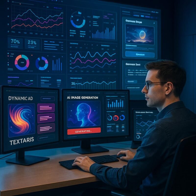 Ein Technologie-begeisterter Marketer in einem modernen Büro mit mehreren Monitoren, die kreative Inhalte, Performance-Dashboards und KI-Modelle präsentieren.