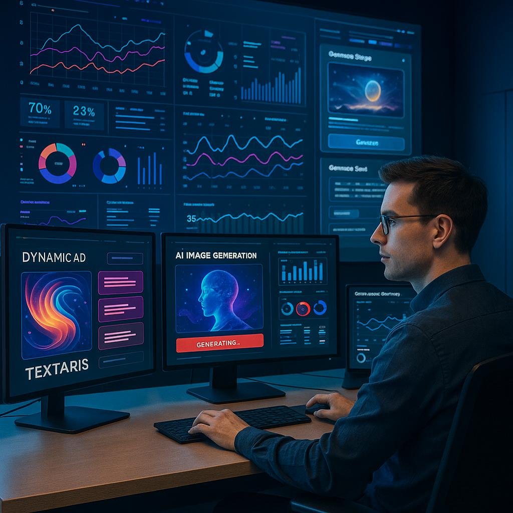 Ein Technologie-begeisterter Marketer in einem modernen Büro mit mehreren Monitoren, die kreative Inhalte, Performance-Dashboards und KI-Modelle präsentieren.