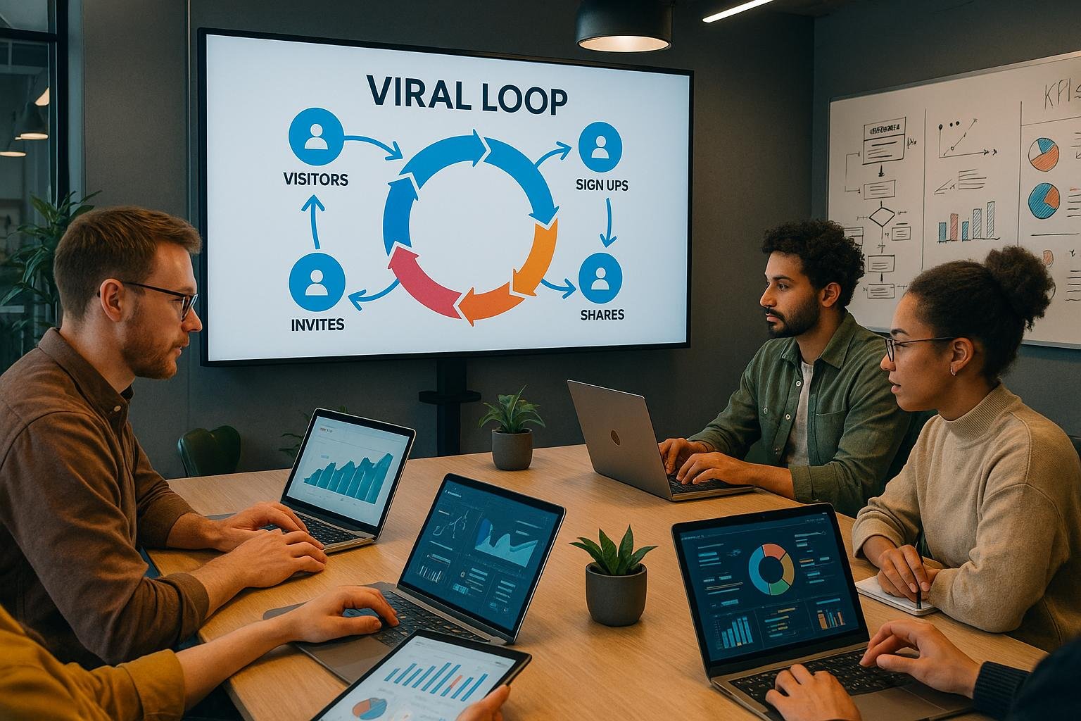 Modernes Digitalbüro mit großem Bildschirm, auf dem eine Viral Loop Visualisierung angezeigt wird, umgeben von kreativen Mitarbeitern mit Tablets und Laptops.