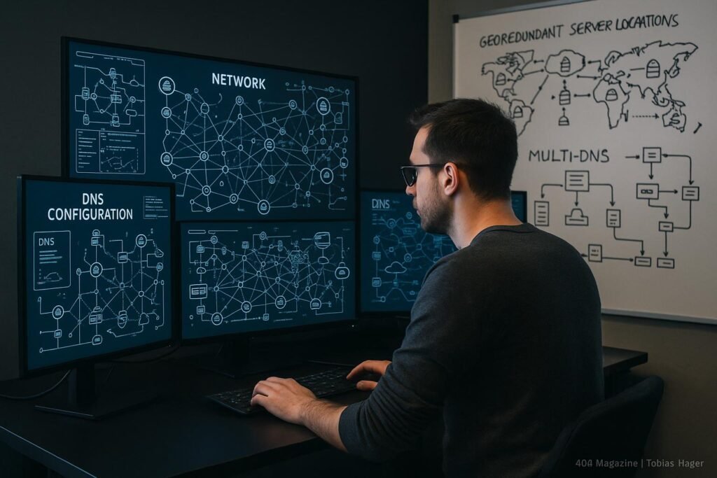 Moderner Arbeitsplatz mit mehreren Monitoren, die Netzwerk- und DNS-Architektur zeigen, inklusive Whiteboard mit Skizzen, betrieben von einem Fachmann in legere Kleidung.