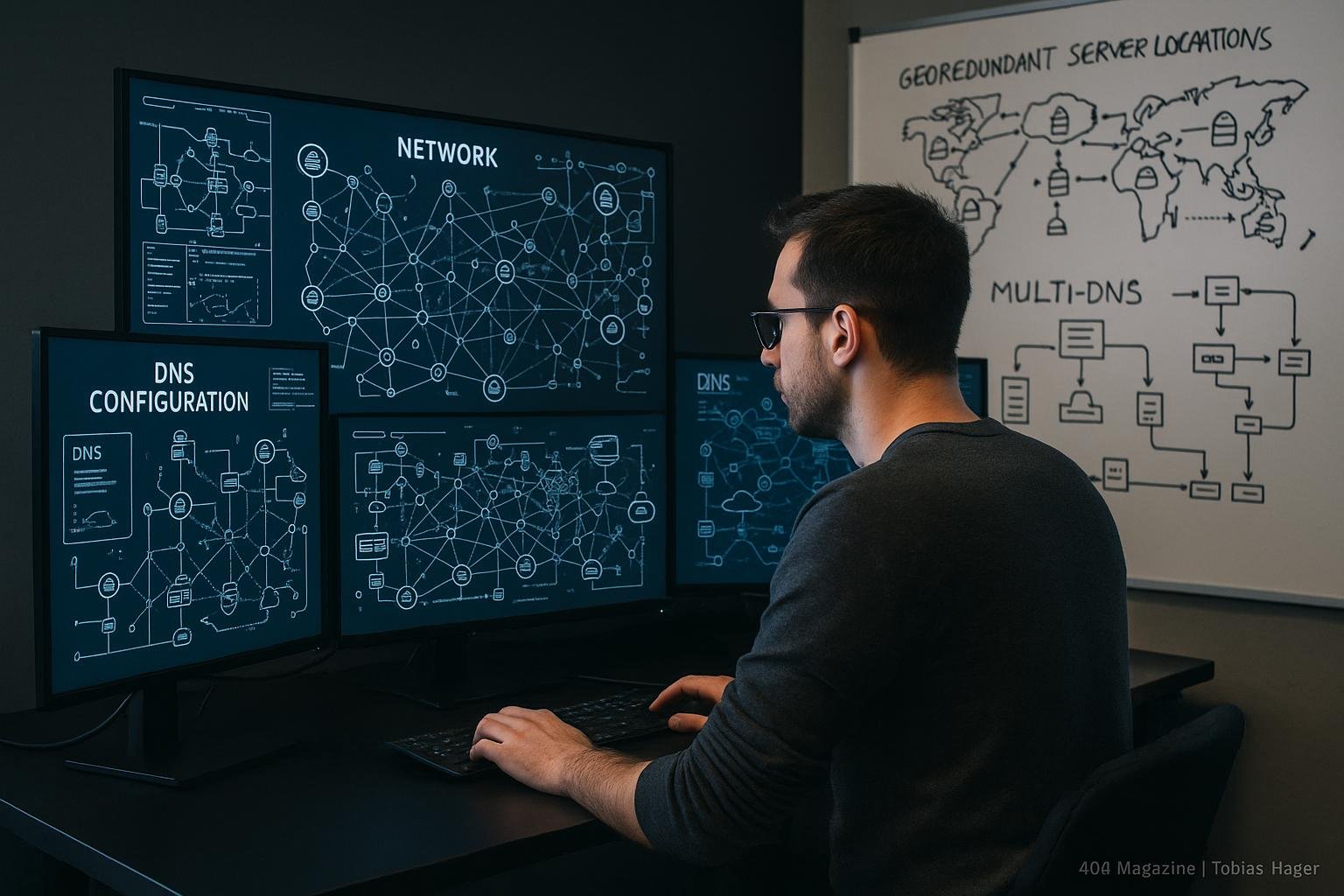 Moderner Arbeitsplatz mit mehreren Monitoren, die Netzwerk- und DNS-Architektur zeigen, inklusive Whiteboard mit Skizzen, betrieben von einem Fachmann in legere Kleidung.